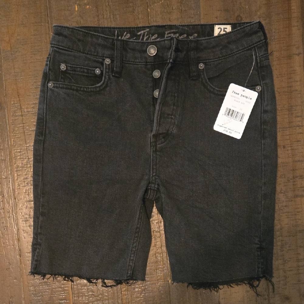 Free People Black Denim Shorts Jorts Grunge Distressed Y2k 90s